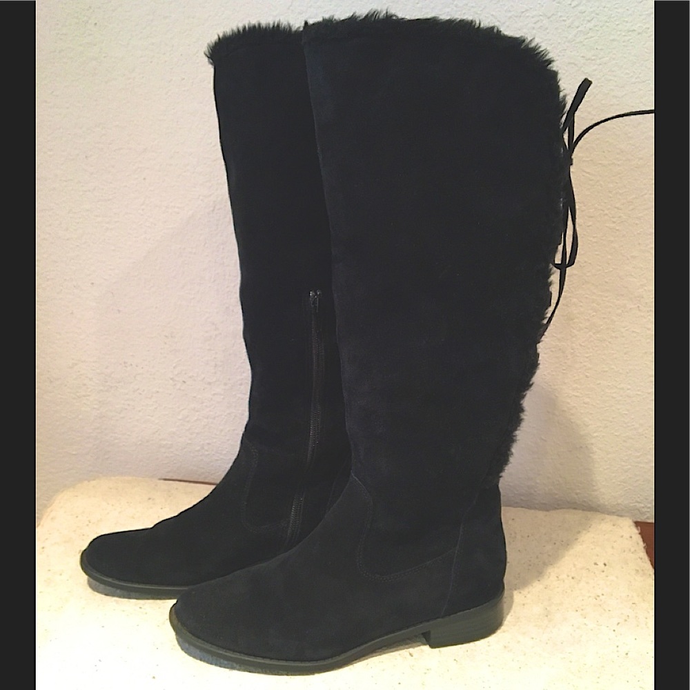 Black suede leather boots with leather lacings up the back and zippers at ankle - Picture 1 of 3
